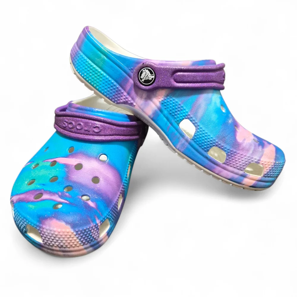 CROCS Classic Tie Dye Clogs Shoes Junior 3 Blue Purple Baya Waterproof Logo - Picture 1 of 9